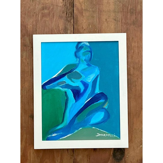 This vintage figurative acrylic painting on canvas presents a seated female nude rendered entirely in a striking,...