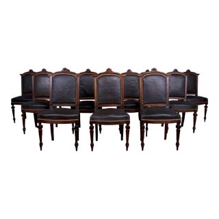 Early 19th Century French Napoleon III Walnut Dining Chairs W/ Dark Brown Leather - Set of 12 For Sale