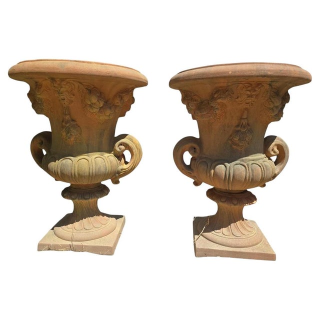 Ceramic Impruneta Terracotta Urns with Masks and Floral Garlands, Italy, 1960s, Set of 2 For Sale - Image 7 of 7