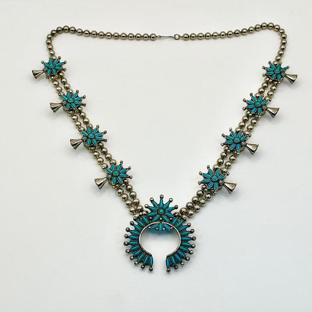 1960s Vintage Southwestern Zuni Native American Sterling & Turquoise Squash Blossom Beaded Necklace, 27” For Sale - Image 4 of 12