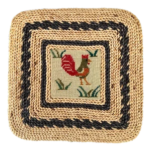 Farmhouse, French Country Woven Cornhusk Chair Cushion W/ Rooster Needlepoint Design,