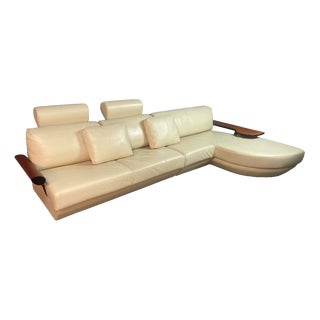 Mid-Century Italian Cream Leather Landscape Sofa with Chaise Longue and Integrated Table from Frighetto, Italy, 1980s, Set of 2 For Sale