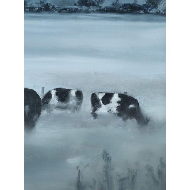 Modernist 'Friesians in the Mist' Vintage Original Landscape Oil Painting, Framed For Sale - Image 10 of 13