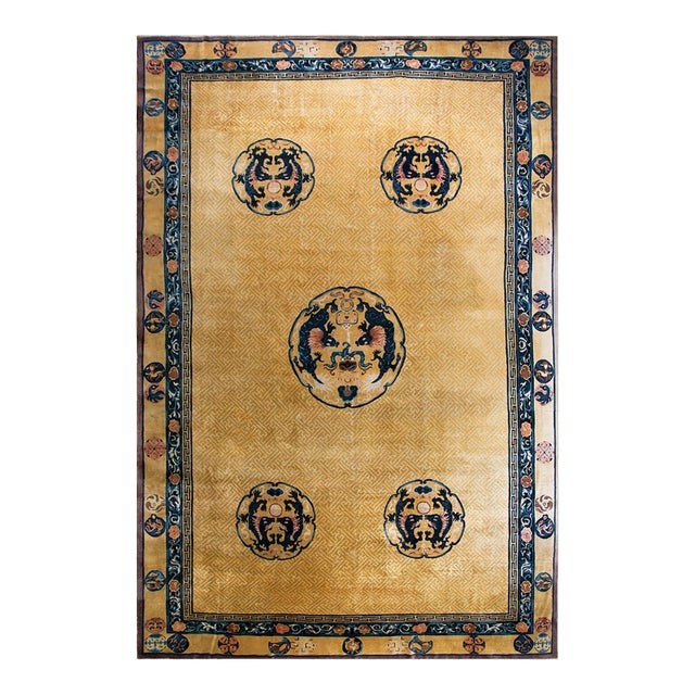 Amazing Beige and Blue Color With Dragon Design Antique Chinese Rug For Sale