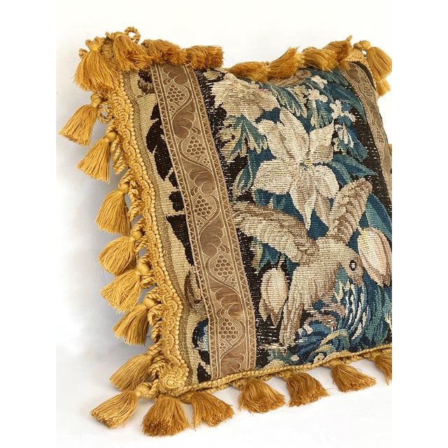 Antique 18th Century French Aubusson Tapestry 18" Square Pillows W/Lovely 2"Tassels, Birds and Florals For Sale - Image 4 of 14