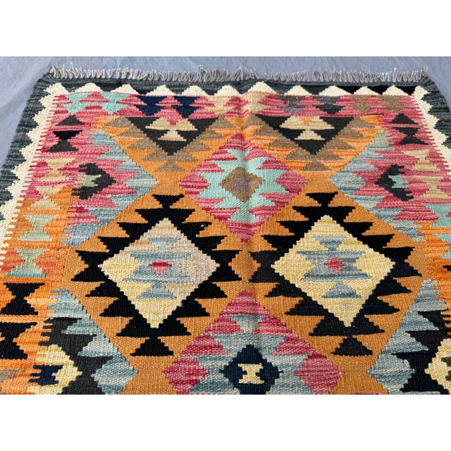 Islamic Vintage Afghan Handwoven Colorful Kilim Rug, Geometric Tribal Flat-Weave Wool Rug For Sale - Image 3 of 11
