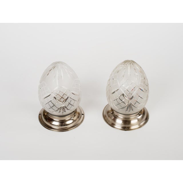 Mid-Century Modern 1950s Nickel-Plated Brass Acorn Flush Mounts – Hand-Cut Crystal Shades - a Pair For Sale - Image 3 of 9