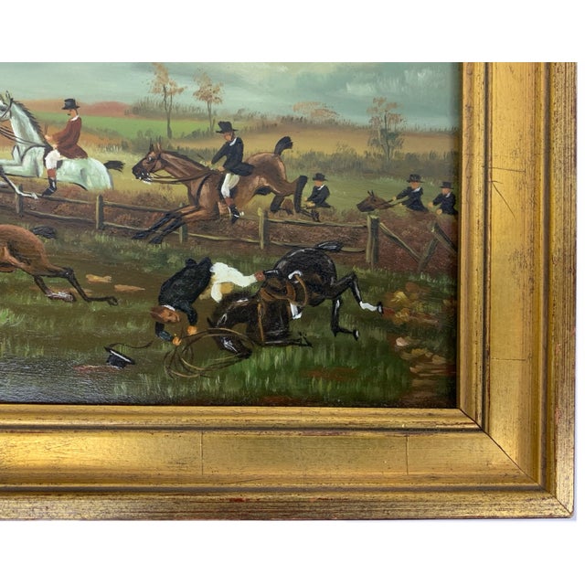 1940s Oil on Board | English Sporting Fox Hunt Steeplechase in Gilt Frame For Sale - Image 4 of 5