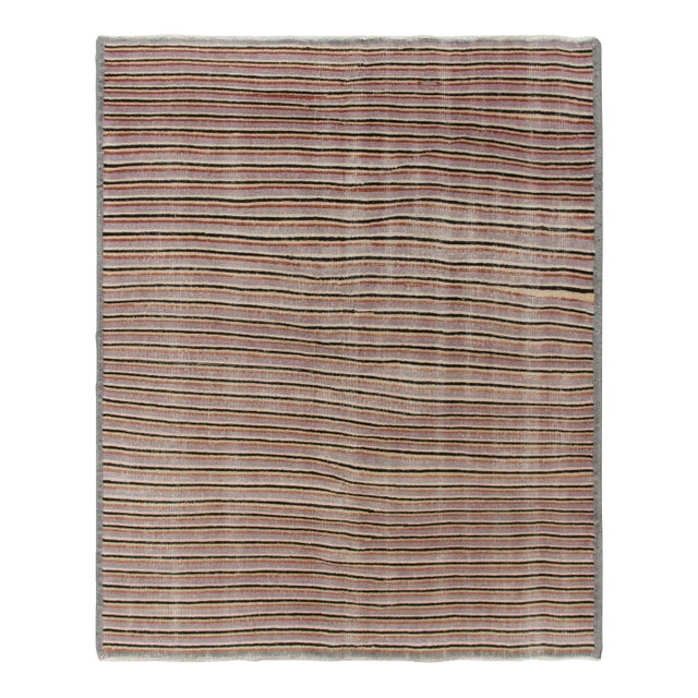 1960s Vintage Distressed Rug in Gray, Brown, Red, Yellow Striped Pattern For Sale