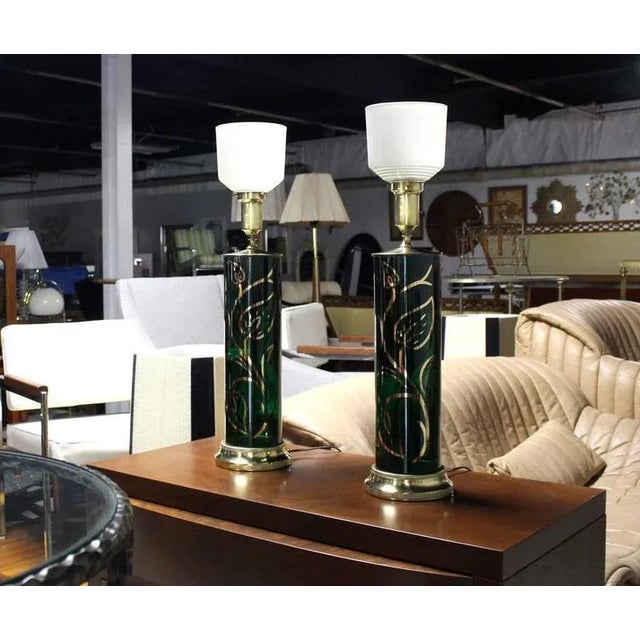 Art Deco Early 20th Century Vintage Emerald Green Gold Decorated Cylinder Shape Table Lamps- a Pair For Sale - Image 3 of 9