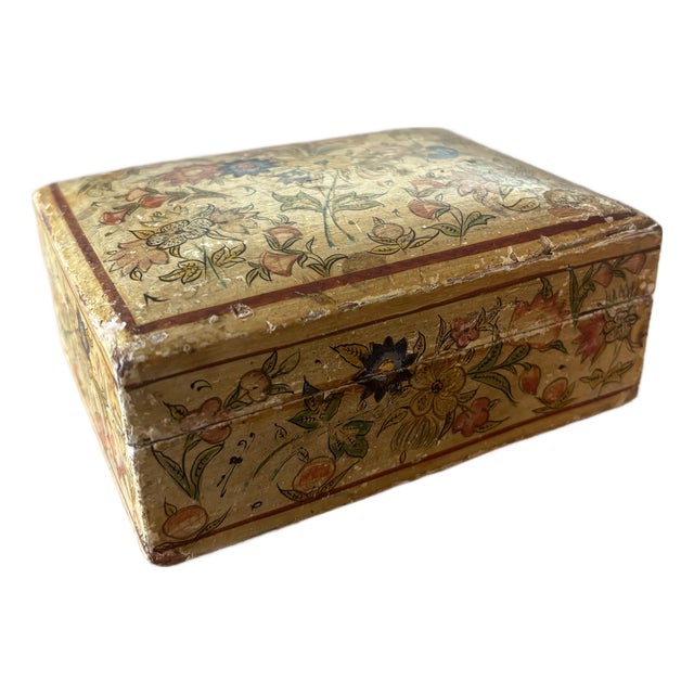 Antique Wood and Gesso Hand Painted Floral Box For Sale