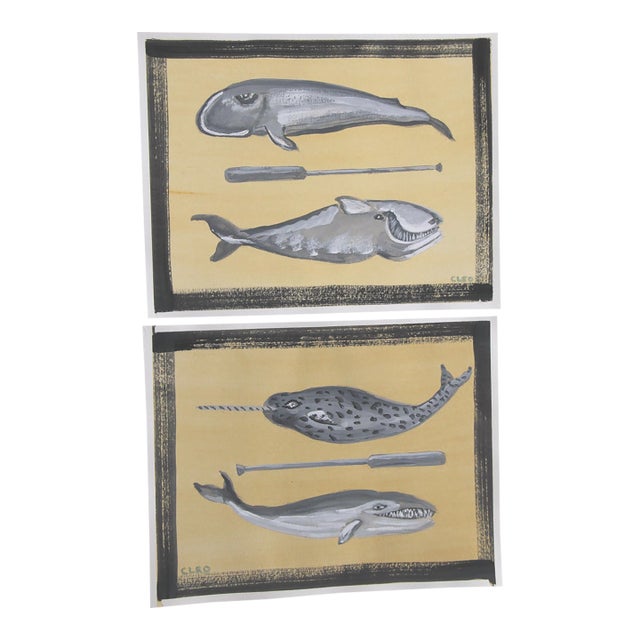 Whales Americana Folk Art Minimalism Pale Yellow Gray Set/2 Original Painting by Cleo Plowden For Sale
