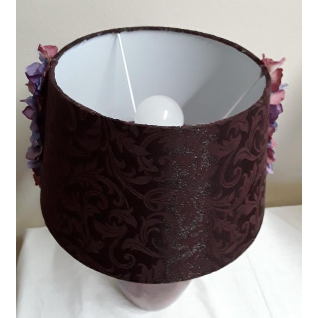 1980s Vintage Table Lamp with Brown Patterned Ceramic Foot and Black-Brown Fabric Shade with Colored Flower Trim, 1980s For Sale - Image 5 of 10