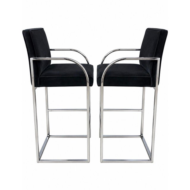 Mid-Century Modern Pair Milo Baughman Velvet and Chrome Bar Stools, 1970 For Sale - Image 3 of 7