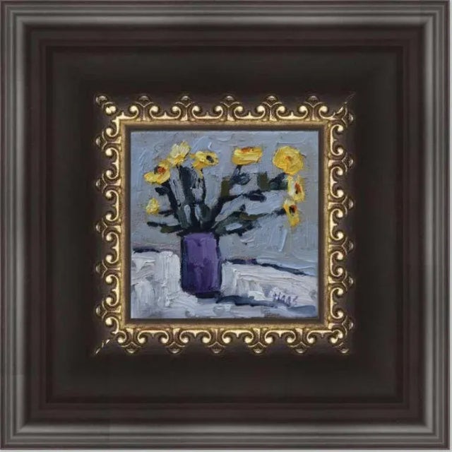 Textile Yellow Flowers With Purple Vase, Oil Painting by L Haas For Sale - Image 7 of 9