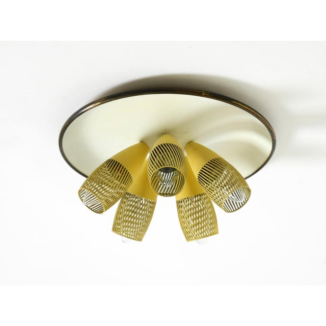 Very rare 5-arm mid-century modern metal cone ceiling lamp with a round white reflector. typical 1950s design. Made in...