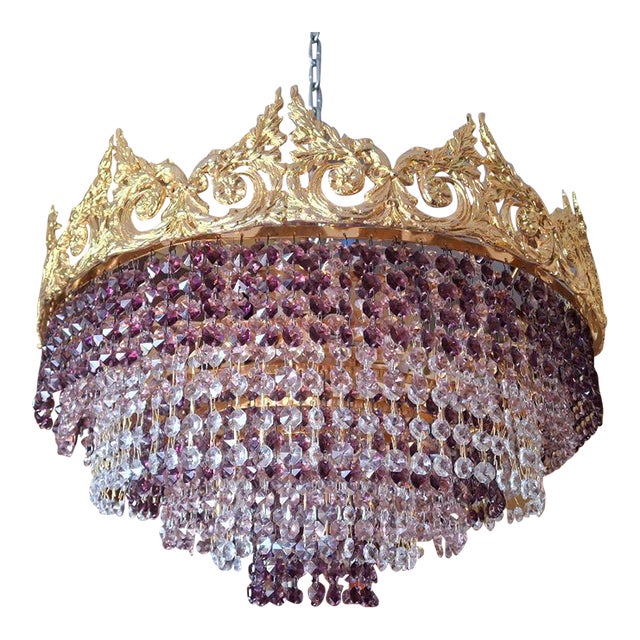 Designer 1960's Large Empire 24k Gold Plated Bronze W/ Amethyst Cut Crystal 8 Tier Semi Flush Mount/ Chandelier by Palme & Walter/ Palwa For Sale