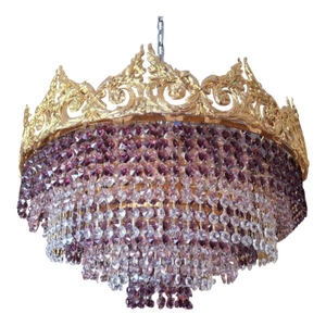 Designer 1960's Large Empire 24k Gold Plated Bronze W/ Amethyst Cut Crystal 8 Tier Semi Flush Mount/ Chandelier by Palme & Walter/ Palwa