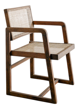 French Mid-Century Wooden Box Dining or Office Chair in Teak & Rattan by Pierre Jeanneret, 1950s