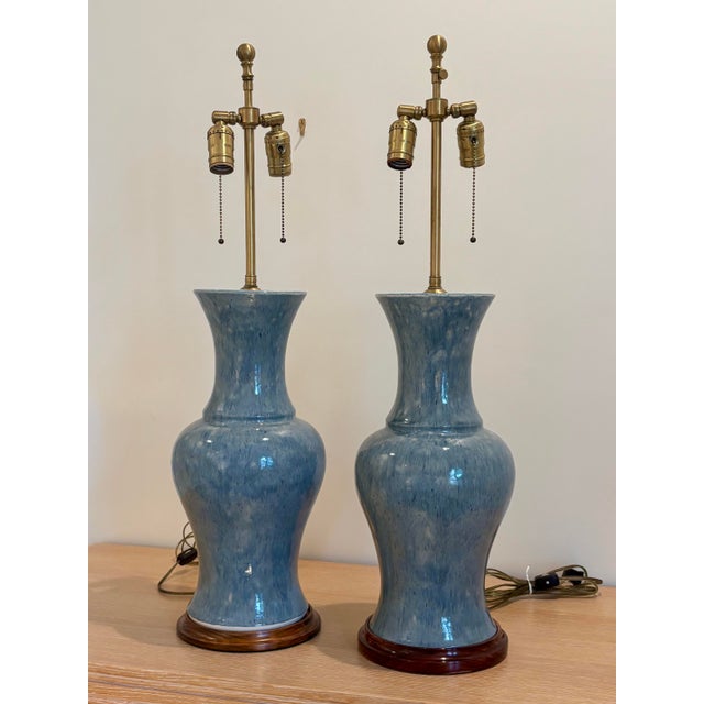 Transitional Late 20th Century John Thompson Cerulean Baluster Lamps Unmarked - a Pair For Sale - Image 3 of 7