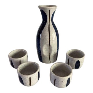 Vintage Mid Century Blue and White Ceramic Sake Set, 5 Pieces For Sale