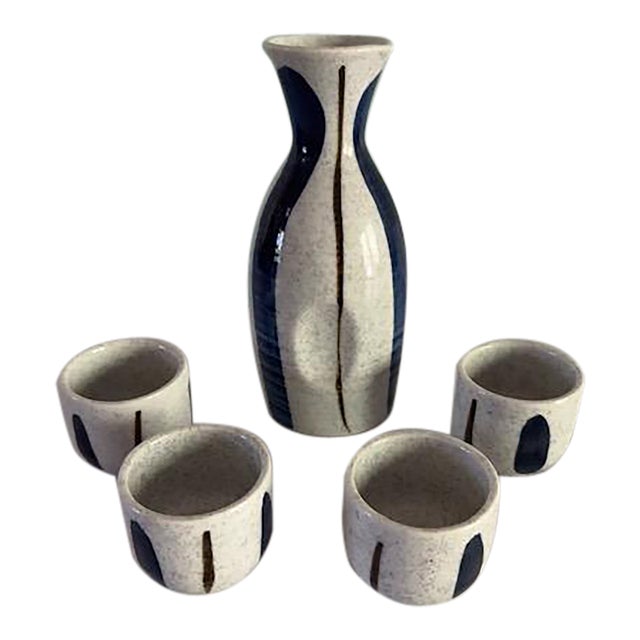 Vintage Mid Century Blue and White Ceramic Sake Set, 5 Pieces For Sale