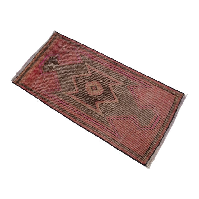 Distressed Low Pile Rug Kurdish Yastik Small Rug Faded Colors Mat Entry Decor - 19'' X 38'' For Sale - Image 6 of 14
