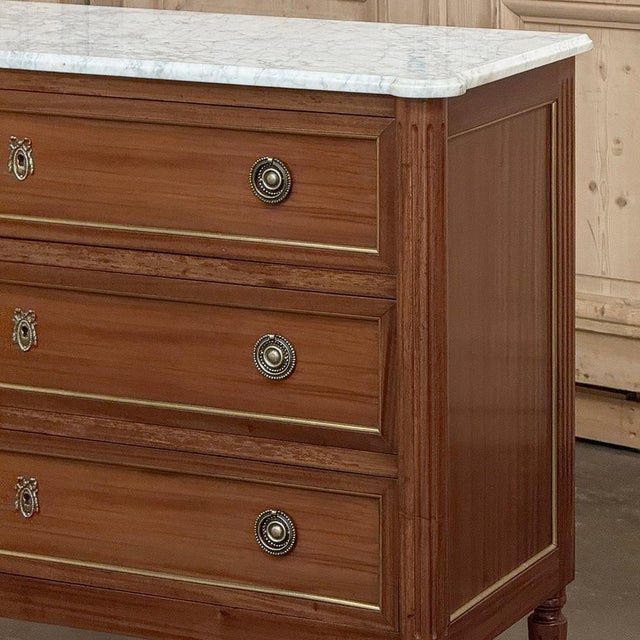 Wood Antique French Louis XVI Mahogany Commode With Carrara Marble Top For Sale - Image 7 of 17