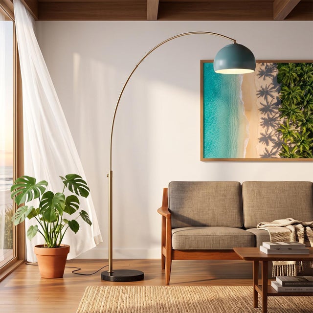 Mid-Century Modern Half Dome 92" Arc Floor Lamp - Mid-Century Modern, Weathered Brass, Pool Blue Shade, Black Marble Base For Sale - Image 3 of 7