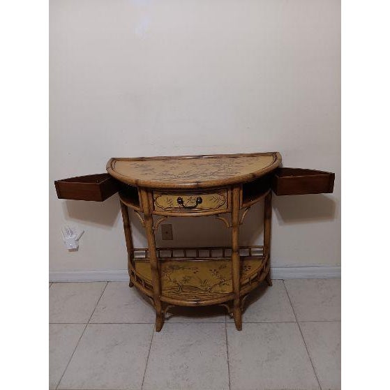 Vintage Faux Bamboo Accent console table hand painted chinoiserie floral details two small side drawer one central drawer...