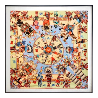 Framed Hermès Silk Scarf "Kachinas" by Kermit Oliver, 1992 For Sale