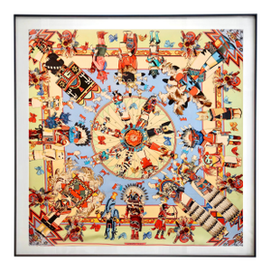 Framed Hermès Silk Scarf "Kachinas" by Kermit Oliver, 1992