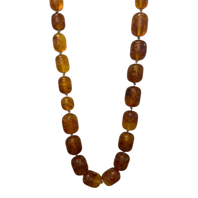 Mid-Century Modern Amber Resin Knotted Beaded Necklace For Sale