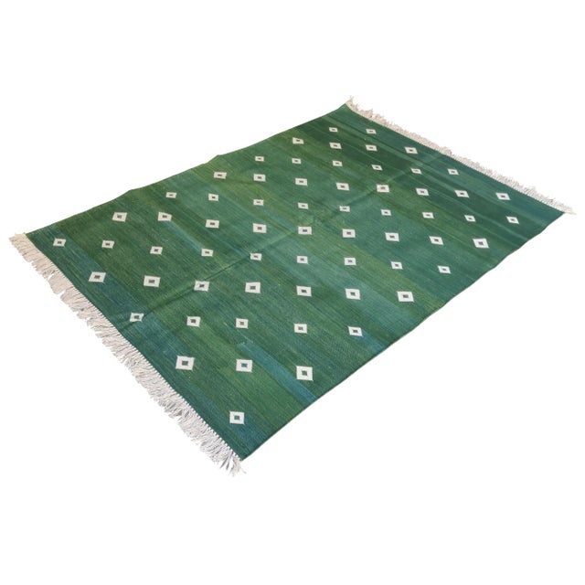 Handmade Cotton Diamond Rug, Green And White 8'x10' For Sale - Image 6 of 6