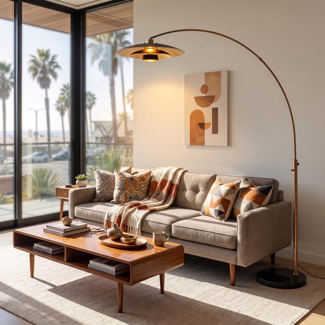 Mid-Century Modern Rancho Mirage Float Arc Lamp - Weathered Brass, Fleur Matte Black/Gold Shade, Mid Century Floor Lamp, Dimmable For Sale - Image 3 of 5