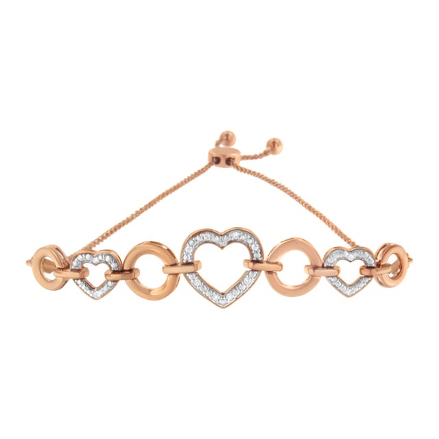 Contemporary 10K Rose Gold over .925 Sterling Silver 1/10 Cttw Round-Cut Diamond Heart Link Adjustable Bolo Bracelet (H-I Color, I2-I3 Clarity) - 6"-9" Adjustable For Sale - Image 3 of 7