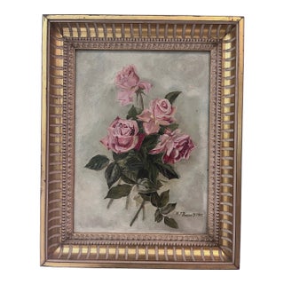 Antique Style Signed Floral Oil Painting of Pink Roses by M. J. Bennett, Dated 1905 For Sale