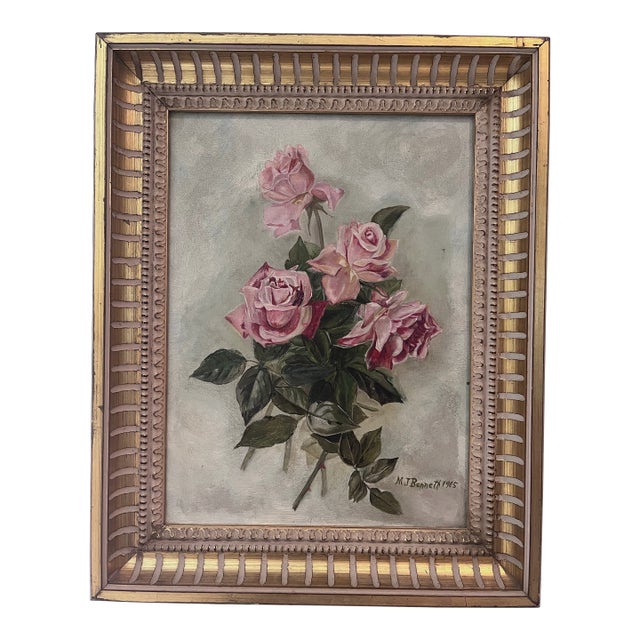 Antique Style Signed Floral Oil Painting of Pink Roses by M. J. Bennett, Dated 1905 For Sale