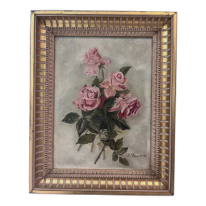 Antique Style Signed Floral Oil Painting of Pink Roses by M. J. Bennett, Dated 1905