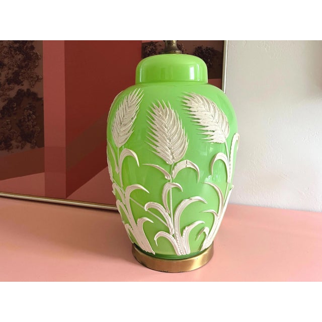 Gorgeous big ginger jar lamp of cased glass in a luminous shade of sea foam green with applied dimensional creamy white...