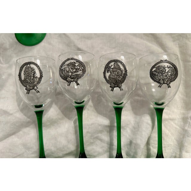 Green Stem Holiday Wine Glasses W/Pewter Santa Detail-Set of 5 For Sale In Palm Springs - Image 6 of 7
