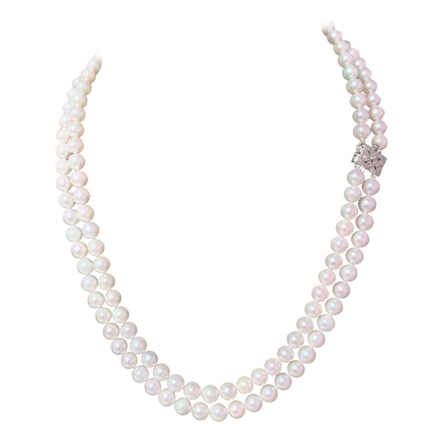 Diamond Akoya Pearl 2-Strand Necklace 18k Gold Certified For Sale