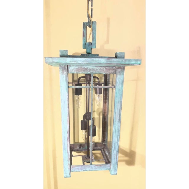 American Stunning Large Arts & Crafts / Mission Style Solid Copper Pendant Lantern Light For Sale - Image 3 of 18