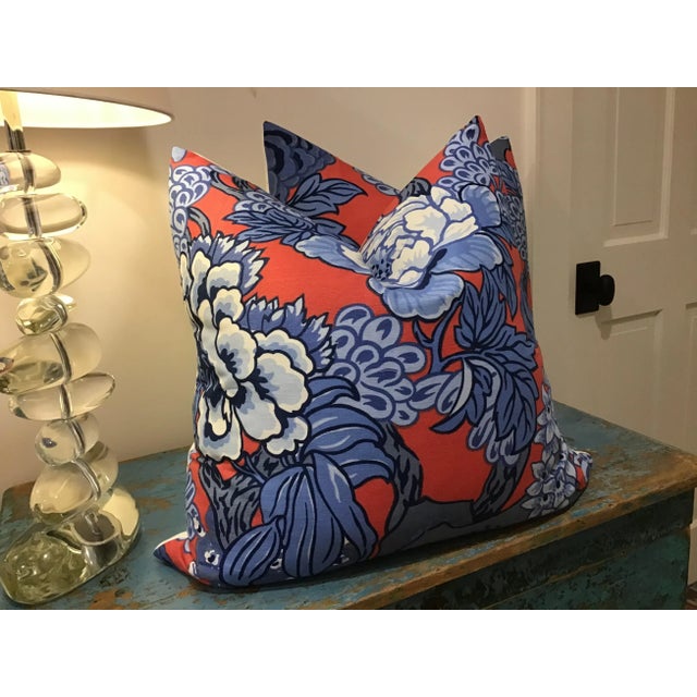 Art Deco Thibaut Down Filled Pillows in “Honshu” in Red and Blue - a Pair For Sale - Image 3 of 5
