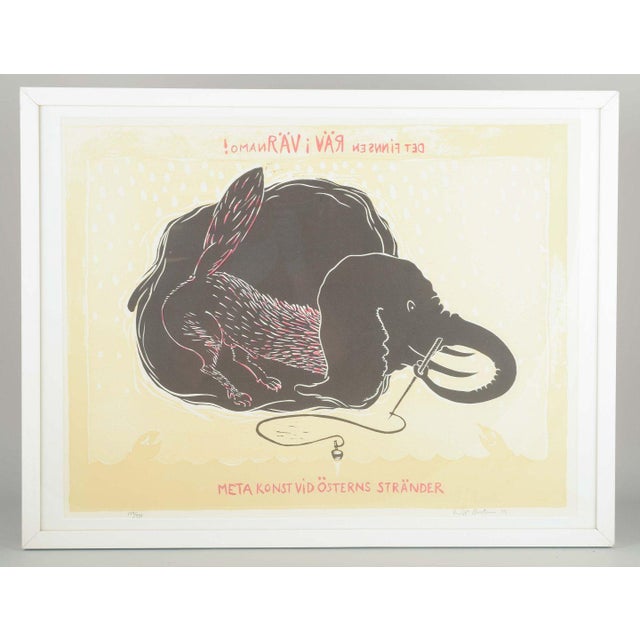 Erik Dietman. Lithograph on paper. Humorous scene with fox and elephant. Technique: Lithograph Year: 1982 Image size: 48 ×...