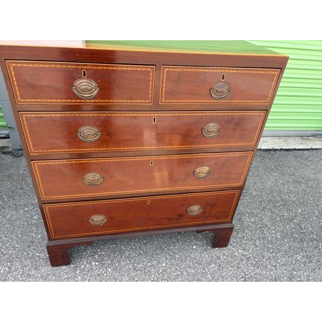 English English Antique Mahogany Five Chest of Drawer Satinwood Inlay on Bracket Feet. For Sale - Image 3 of 9