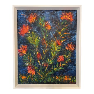 Vintage Impasto Contemporary Floral Still Life Framed Original Oil Painting, Red, Blue, Green For Sale