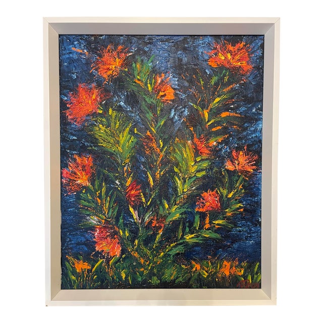 Vintage Impasto Contemporary Floral Still Life Framed Original Oil Painting, Red, Blue, Green For Sale