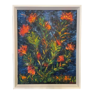Vintage Impasto Contemporary Floral Still Life Framed Original Oil Painting, Red, Blue, Green