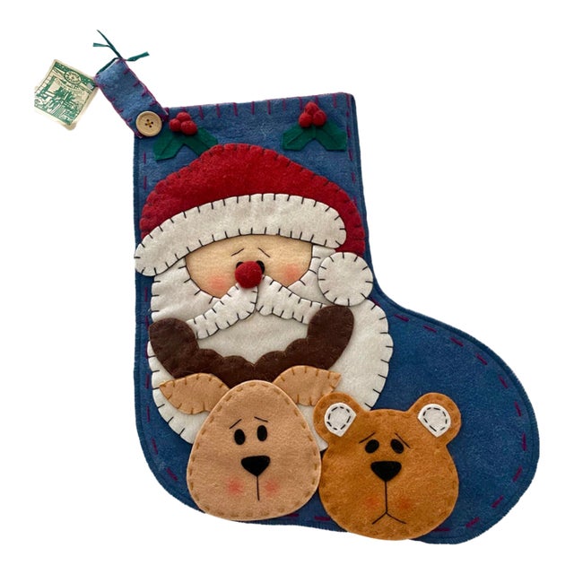 Vintage Crazy Mountain Imports "Porch & Parlour" Felt Christmas Stocking - Primitive Folk Art Santa, Reindeer & Bear Excellent Condition For Sale
